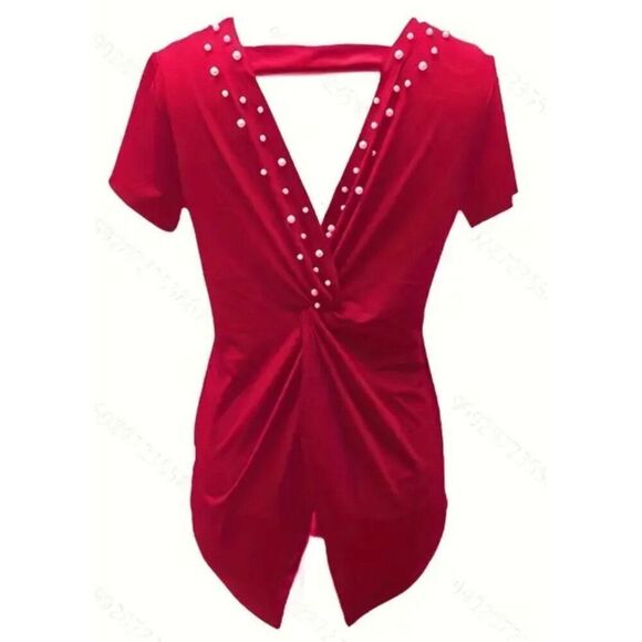 Casual Red Blouse with Pearl Embellishments on Back XL - Picture 2 of 4